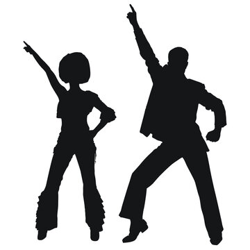 Vector silhouettes of and adult male and female disco dancing. 