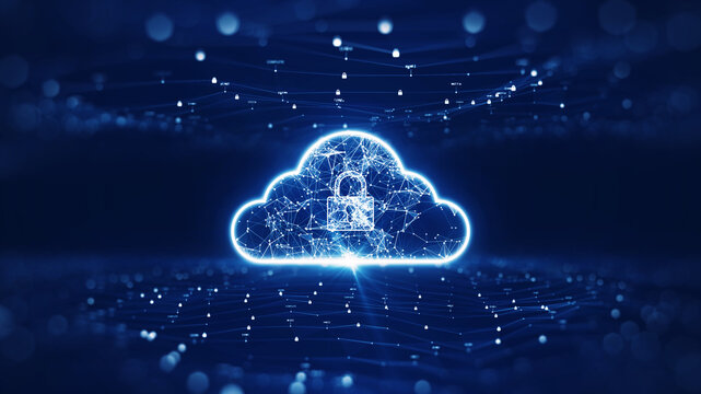 cloud computing technology concept transfer database backup. There is a prominent large cloud icon in the center of the polygon with a dark blue background.
