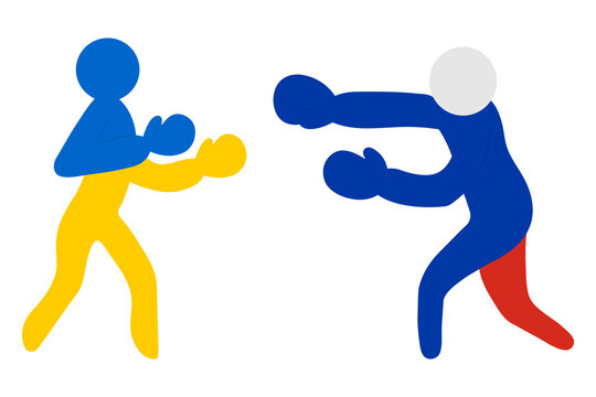 Two boxers are fighting. People are painted in the colors of the flags of Russia and Ukraine. Colored vector icon. Athletes in boxing gloves are boxing. The men strike with their fists. 