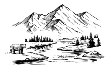 Natural landscape with mountains, lake. Hand drawn sketch
