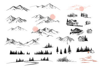 Mountain landscape big set drawing vector. - 497106438