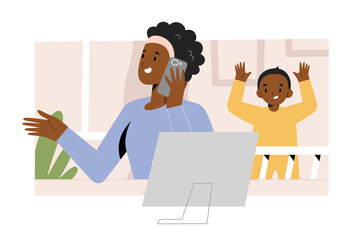 Busy freelancer mother working at home office using her laptop talking on the phone while her toddler son distracting her, african-american woman, remote job concept, vector cartoon illustration