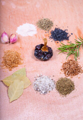 Variety of salts of the world accompanied by branches of fresh rosemary, ñora and dry spices.
