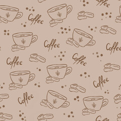 Seamless pattern with coffee beans and cups. Brown title on beige background