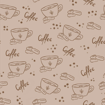 Seamless pattern with coffee beans and cups. Brown title on beige background © KataFeyaArt