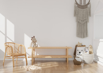 Empty white wall in modern child room. Mock up interior in scandinavian, boho style. Copy space for your picture or poster. Console, rattan armchair, toys, macrame. Cozy room for kids. 3D rendering. © Creative_Bird