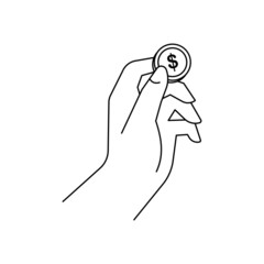 Obraz premium Female hand holding golden dollar coin. Simple line vector illustration for finance, business and banking. Arm with money for charity, donation or lottery.