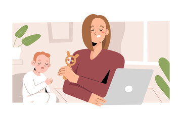 Female freelancer working at home office, using laptop, holding a rattle toy, young mother trying to concentrate on work while her infant child distracting her, remote job, vector cartoon illustration