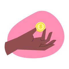 Female hand holding golden dollar coin. Simple flat vector illustration for finance, business and banking. Arm with money for charity, donation or lottery.