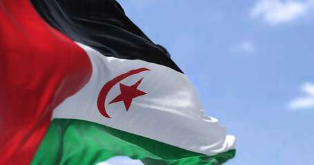 Detail of the national flag of Sahrawi Arab Democratic Republic waving in the wind on a clear day
