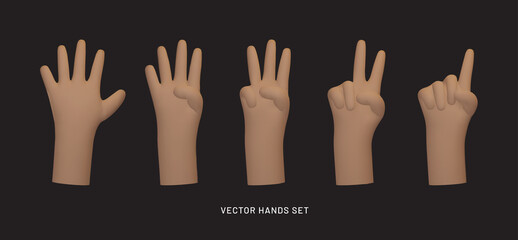 Isolated hand counting counting from five to one. Cartoon set of palm witj different finger positions and getures. Vector illustration in 3D style. 