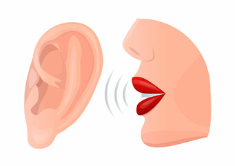 Vector isolated illustration with an ear and lips whispering into it. The concept of eavesdropping, gossip, advice, secret. You can use the element in web design, banners, etc.