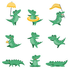 Obraz premium Cute crocodile in different poses cartoon illustration set. Funny alligator sleeping, eating, standing under umbrella, celebrating birthday and dancing. Jungle, predator animal concept