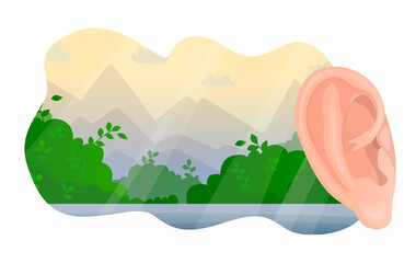 Vector isolated illustration with an ear listening to the sounds and music of nature. The concept of relaxation, tranquility, sound therapy, rehabilitation, psychotherapy, music therapy.