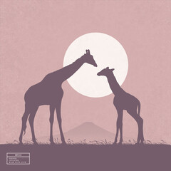 Giraffe family in savannah. Animal silhouette. Full moon, starry night