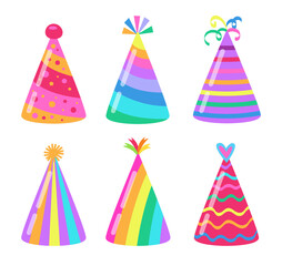 Birthday party hat cartoon illustration set. Colorful accessories for celebration, carnival paper cone caps for children isolated on white background. Holiday, festive atmosphere concept
