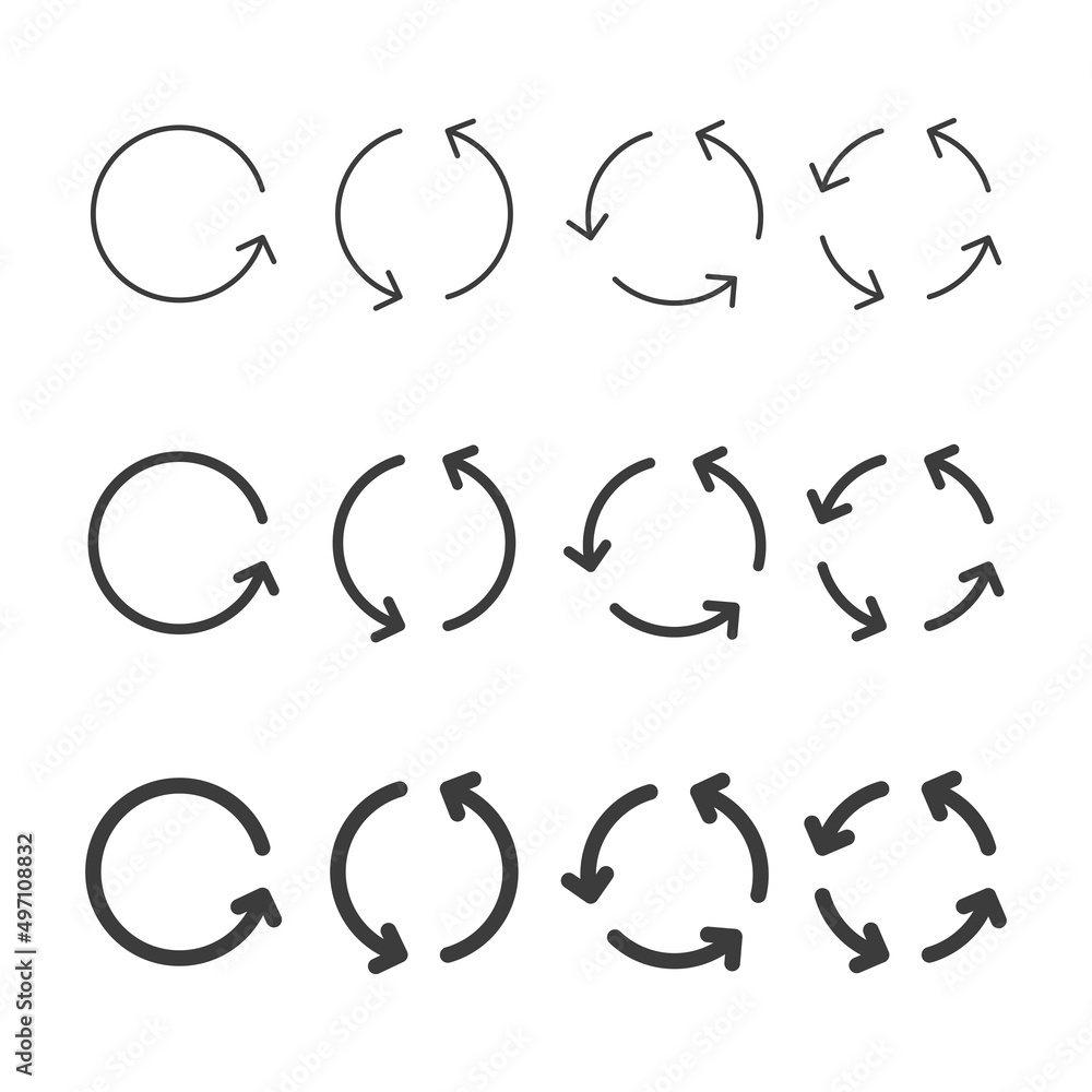 Poster set of circular arrows. rotate black arrow group. vector isolated on white.