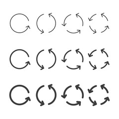 Set of circular arrows. Rotate black arrow group. Vector isolated on white.