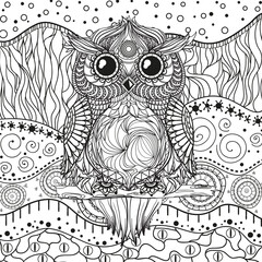 Fototapeta premium Abstract eastern pattern with owl on isolated white. Zentangle. Hand drawn abstract patterns on isolation background. Design for spiritual relaxation for adults. Black and white illustration