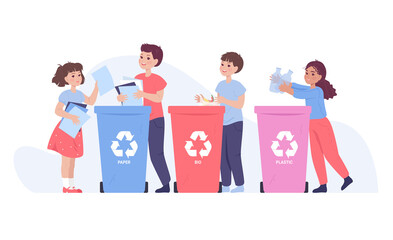 Children sorting garbage flat vector illustration. Kids throwing trash into dustbins for paper bio and plastic waste for recycling. Boys and girls taking care of environment. Ecology concept