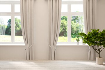 White empty room with summer landscape in window. Scandinavian interior design. 3D illustration