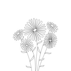 five daisies drawn with a line on a white background. Vector bouquet of flowers. Coloring