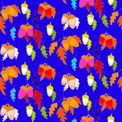 Vector seamless half-drop pattern, with leaves and acorn