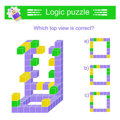 Logic puzzle for children. Which top vıew is correct? IQ training test. Printable worksheet. Answer is b