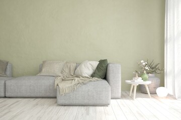Soft color living room with sofa. Scandinavian interior design. 3D illustration