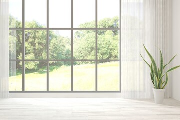 White empty room with summer landscape in window. Scandinavian interior design. 3D illustration