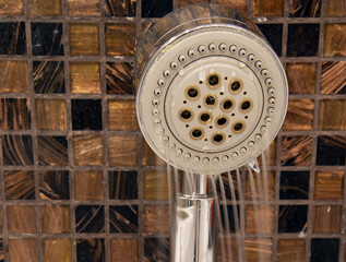 Shower watering can close-up on the background of tiles .