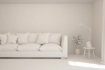 Mock up of minimalist living room in white color with sofa. Scandinavian interior design. 3D illustration