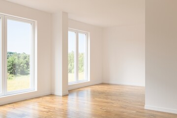 White empty room with summer landscape in window. Scandinavian interior design. 3D illustration