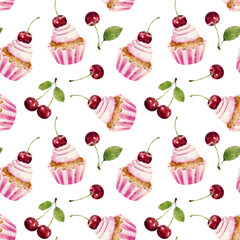 Seamless pattern with watercolor cherry and cupcake isolated on white background.