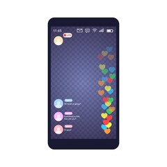 Mockup of mobile app with like live streaming. Interface photo frame design social media application network post template with flying multicolored hearts. Vector illustration for video chat, ui, web