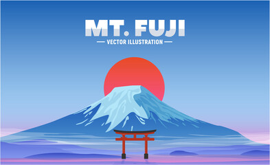 Japanese landscape with Fuji mountain. Composition with Japanese cherry, temple and tower. Night view on most famous tourist attractions in Tokyo. Fujiyama vector illustration for web or banner. - obrazy, fototapety, plakaty