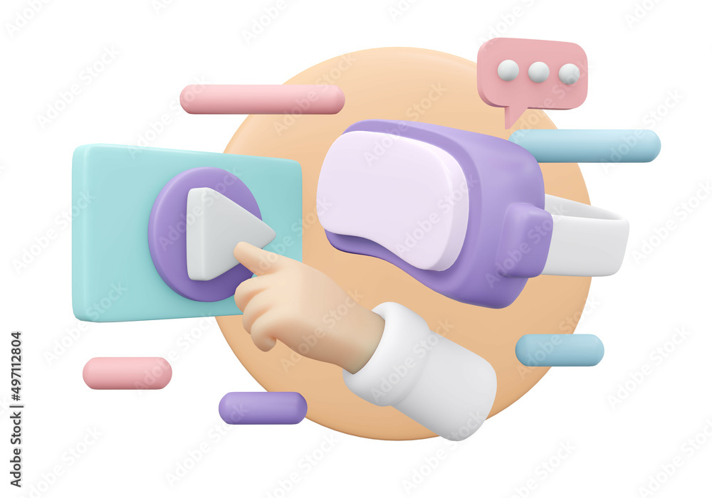 Poster 3d rendering of hand click start to play music start player icon and vr headset isolated on backgrou