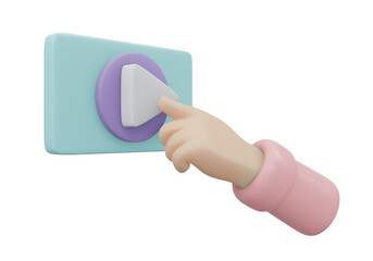 3D Rendering of hand click start to play music start player icon isolated on background concept of music on internet. 3D render illustration cartoon style.