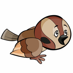 brown sparrow frightened looks at something and crouched its wings, cartoon illustration, isolated object on a white background, vector,