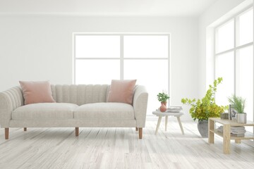 White living room with sofa. Scandinavian interior design. 3D illustration