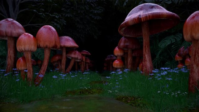Brown Autumn forest mushrooms magic 3d background beautiful animation inside the psilocybin psychedelic vj loop 4k 