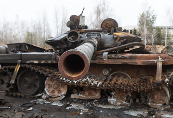 War in Ukraine. Burnt military equipment in Hostomil