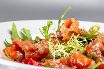Slices of lightly salted salmon with arugula and frieze salad are on a plate