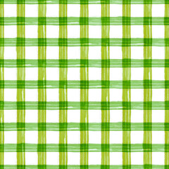 Watercolor seamless checkered pattern. Green Gingham print. Easter tablecloth. Classic geometric pattern.