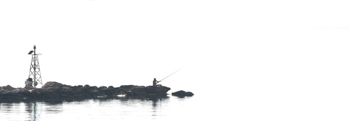 Silhouette of fisherman with fishing rods and lighthouse on the pier. Minimalism.