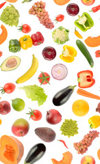 Vertical colorful seamless pattern fresh bright vegetables and fruits isolated on white