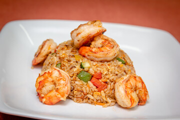 Rice with spices and fried shrimp