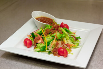 Salad of lettuce leaves, tomatoes, radishes, cucumbers with Asian sauce