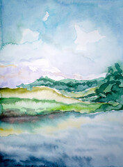 Watercolor illustration. Landscape with a river, field, forest. Blue sky with white clouds. Caring for nature.