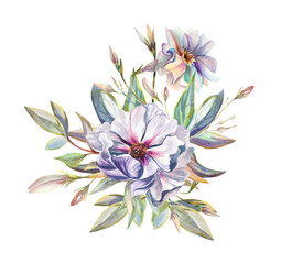 Botanical floral arrangement of peonies, acacia flowers,herbs and leaves hand drawn in watercolor isolated on white background. Watercolor illustration. Ideal for creating invitations, wedding cards